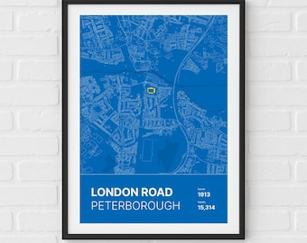 London Road, Peterborough - Minimalist Map Print/Poster Peterborough Football Fan Gift