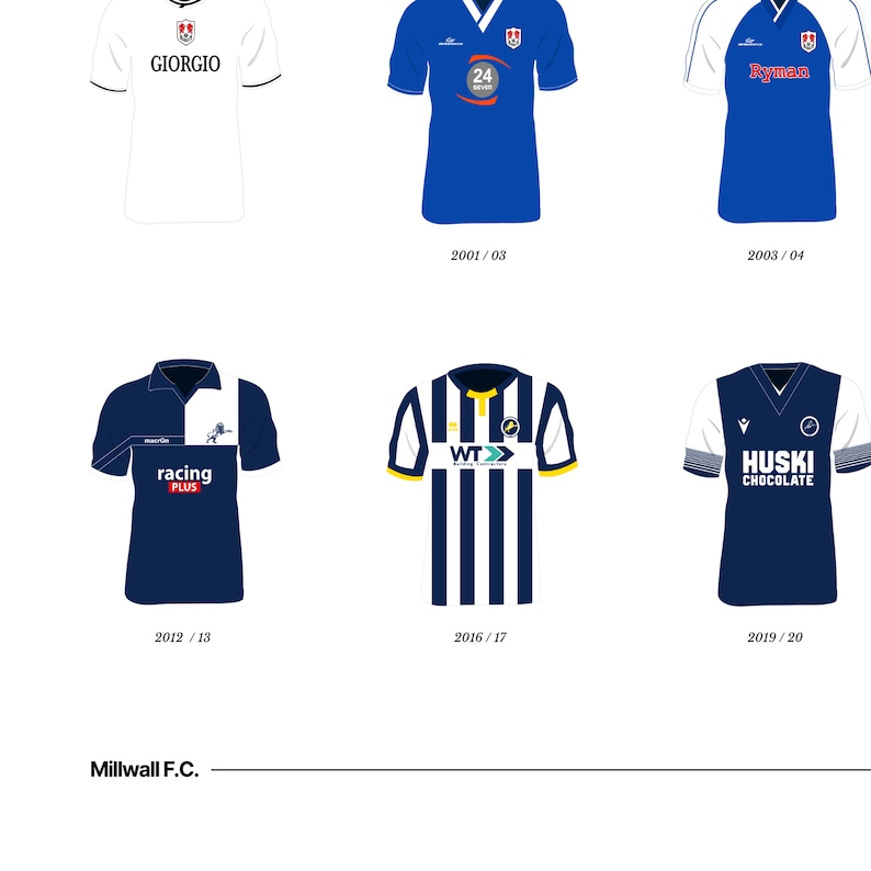 Pu&ograve; includere: Collezione di maglie da calcio del Millwall F.C. Le maglie sono in vari colori, tra cui bianco, blu e blu navy. Ogni maglia ha un design diverso, con loghi degli sponsor e gli anni 2001/03, 2003/04, 2012/13, 2016/17 e 2019/20.