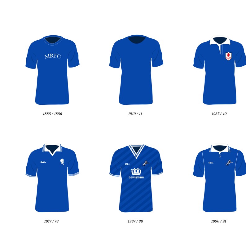 Pu&ograve; includere: Sei maglie da calcio blu, ognuna rappresentante una stagione diversa. Le maglie sono del 1885/86, 1910/11, 1937/40, 1977/78, 1987/88 e 1990/91. Alcune maglie presentano colletti bianchi, strisce e loghi di squadre.