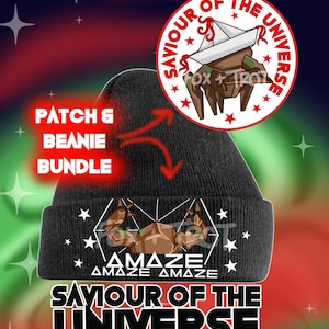 May include: A black beanie featuring a graphic of a brown creature with a paper boat on its head, surrounded by stars and the text "AMAZE" repeated three times. A circular patch shows the same creature with the text "SAVIOUR OF THE UNIVERSE".