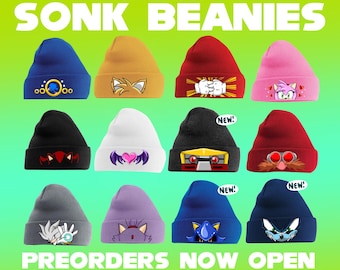 May include: A collection of colorful beanies with character designs. The beanies are in various colors, including blue, yellow, red, and pink. The text "SONK BEANIES" and "PREORDERS NOW OPEN" are displayed on a green background.