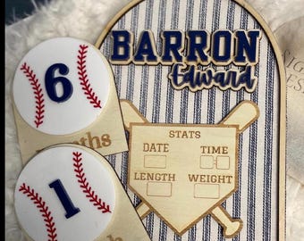 Personalized Baseball Baby Stats Sign & Milestone Discs | Nursery Decor