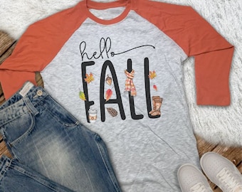 Hello Fall Raglan Tee - Thanksgiving Fall T Shirt - Baseball Tee - 3/4 Length Sleeve Shirt