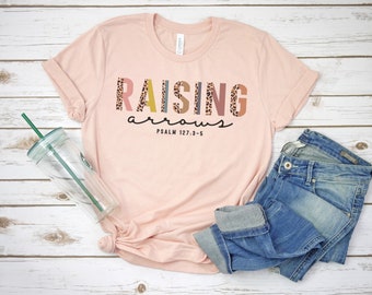 Raising Arrows Tee Shirt - Leopard Print Peach T Shirt Tee - Gift for Mom - Adult Sizes XS S M L XL 2XL - Mother's Day Gift