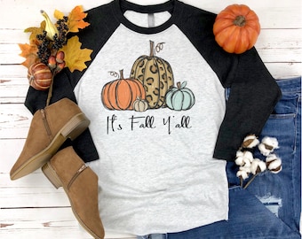 It's Fall Y'all Pumpkin Raglan Tee - Fall T Shirt - Baseball Tee - 3/4 Length Sleeve Shirt - Cheetah Leopard Pumpkin