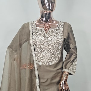Kurta Set For Women - Gray White Embroidered Kurta Trouser & Dupatta/  Ethnic Wear - Dresses For Women - Indian Party Wear/Salwar Kameez Set