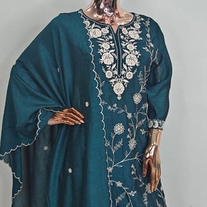 Kurta Set For Women - Teal Blue Embroidered Kurta Trousers & Dupatta  - Indian Ethnic Wear - Dresses For Women - Party Wear/ Pakistani Lawn
