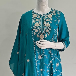 Blue Silk Kurta Set - Embroidery Design Kurta Palazzo & Dupatta - Indian Ethnic Wear - Dresses For Women - Plus Size Pakistani Salwar Kameez