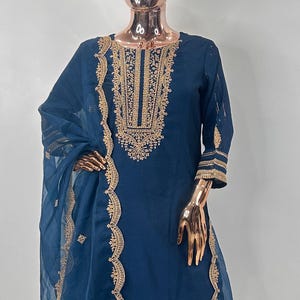 Blue Zari Work Kurta Set - Party Wear Pakistani Suit - Salwar Kameez Set/ Indian Wedding Dress/ Bollywood Designer Kurta/XXL Plus Size Kurta