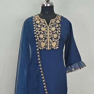 Silk Kurta Sets For Women - Blue Embroidered Kurta Trousers & Dupatta  - Indian Ethnic Wear - Dresses For Women - Party Wear - Women Kurtis