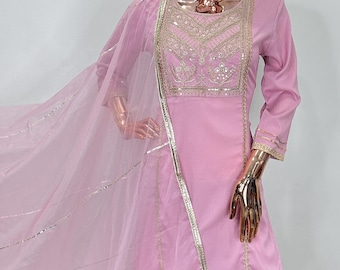 Indian Party Wear - Pink Silk Embroidery Kurti Palazzo With Dupatta - Indian Dress/Kurti Trouser - Plus Size Salwar Kameez - Pakistani Suit