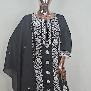 Indian Wedding Kurta Set For Women - White Black Embroidered Kurta Trouser & Dupatta  - Indian Ethnic Wear - Dresses For Women - Party Wear