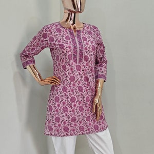 Indian Tunics For Women - Pink Printed Cotton Summer Tunic Top/ Kurti For Women - Short Kurta Top - Summer Tops Tees - Cotton Tunics Women