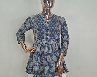 Short Anarkali Kurti -  Indian Tunic Women - Blue Printed Cotton Summer Tunic / Kurti For Women - A-Line Short Kurta Top - Summer Top Women