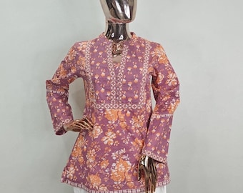 Pink Printed Cotton Tunic Top - Short Anarkali Tunic Kurti/ Kurti For Women - Indian Short Kurti/ Summer Tops Tees - Women Cotton Tunic Tops