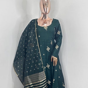 Green Silk Anarkali Party Wear - Woven Design Anarkali Dress - Indian Dress - Kurtis For Women -Salwar Kameez -Pakistani Suit / Ethnic Gown