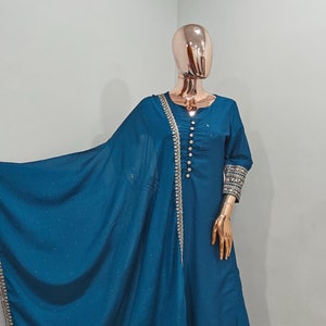 Indian Party For Women- Teal Blue Straight Kurta With Trousers & Dupatta /Silk Kurta Sets - Pakistani Salwar Kameez Set / Indian Ethnic Wear