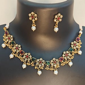 Ruby Necklace Oxidised Pearl Silver Choker Necklace Bridal Necklace CZ Zircon Jewelry Set Indian Wedding Jewelry Gold Necklace Ethnic