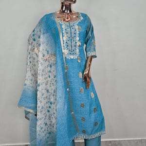 Indian Designer Party Wear Kurta Set/ Blue Woven Design Kurta Trouser & Dupatta - Indian Ethnic Wear /Dresses For Women / Pakistani Lawn Sui