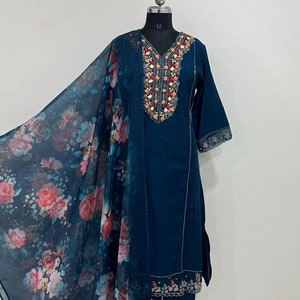 Blue Kurta Set /Pakistani Suit Set/ Floral Embroidery Salwar Kameez Set/ Indian Wedding Dress - Ethnic Wear/ XXL Plus Size Kurta/Women Dress