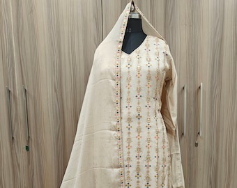 Silk Kurta Sets For Women - Beige Woven Design Kurta Trousers & Dupatta  - Indian Ethnic Wear - Dresses For Women - Party Wear - Kurti Dress