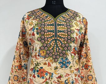Tunic Tops For Women - Floral Embroidered Empire Top - Short Kurta - Kurtis For Women - Summer Tops Tees T-shirt Plus Size Boho Tops