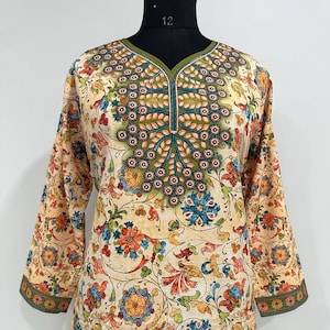 Tunic Tops For Women - Floral Embroidered Empire Top - Short Kurta - Kurtis For Women - Summer Tops Tees T-shirt Plus Size Boho Tops
