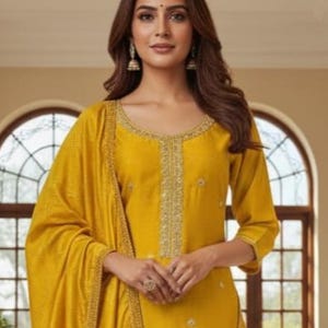 Mustered Silk Kurta Set Salwar Kameez Set Indian wedding Dress Pakistani Lawn Suit Salwar Suit Dupatta Indian Party Wear Readymade Kurta Set