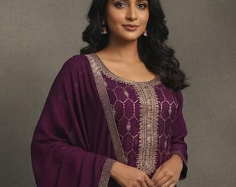 Pakistani Lawn/Kurta Set For Women - Purple zari Embroidered Kurta Trousers & Dupatta  - Indian Ethnic Wear - Dresses For Women - Party Wear