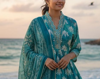 Teal Blue Anarkali Kurta Pakistani Designer Kurta Palazzo A-Line Kurta Palazo Indian Party Wear Kurta Salwar Kameez Set Indian wedding dress