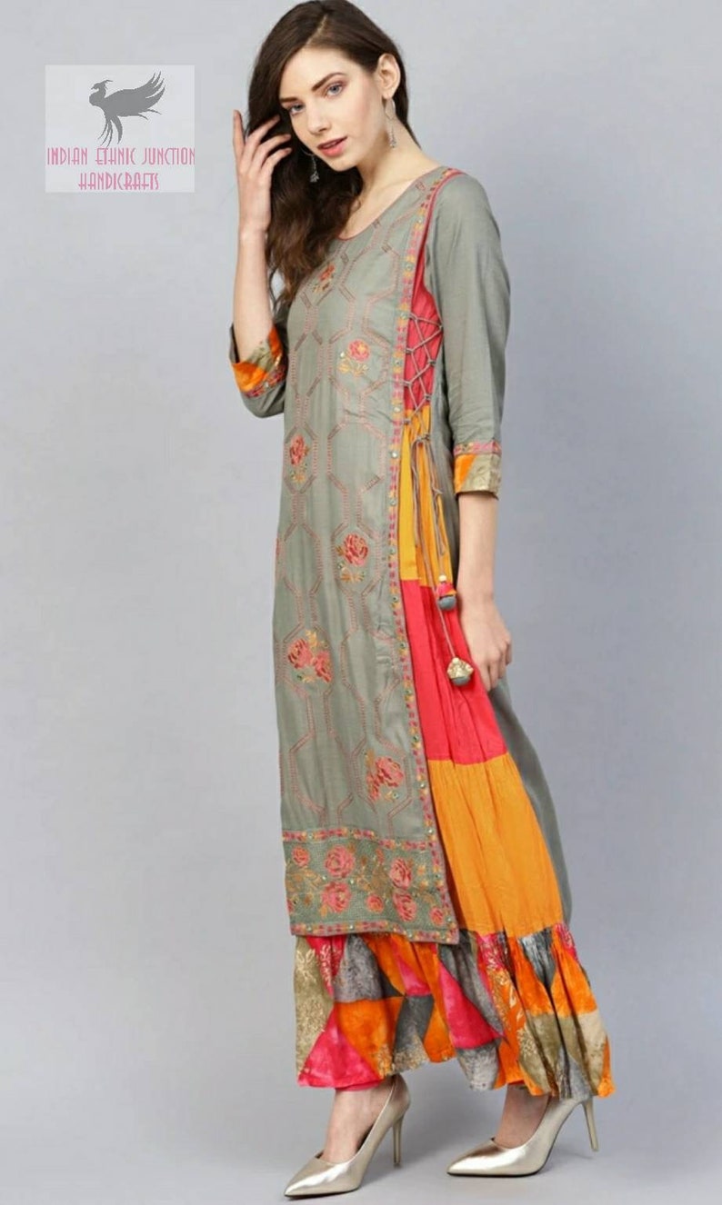 Beautiful Women Grey /& Pink Embroidered Layered A-Line Kurta Ethnic Wear Long Kurti Indian Outfit - Kurti Dress For Girls Women