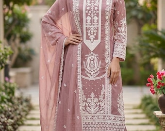 Kurta Set For Women White Mauve Pink Embroidered Kurta Trouser & Dupatta Indian Ethnic Wear Dresses For Women Party Wear Readymade Kurta Set