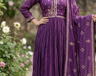 Purple Anarkali Kurta Set For Women - Silk Embroidered Kurta Trouser & Dupatta  - Indian Ethnic Wear - Pakistani Suit Set Dresses For Women
