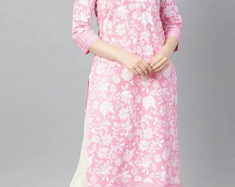 Buy HERE&NOW Women Off White & Pink Ethnic Motifs Print Pure Cotton  Straight Kurta - Kurtas for Women 13166544
