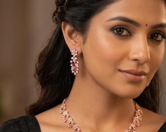 Rose Gold Necklace/ CZ Necklace/ Delicate Necklace/ Indian Necklace Set/Indian Wedding Jewelry/ American Diamond Necklace/ Wedding Necklace