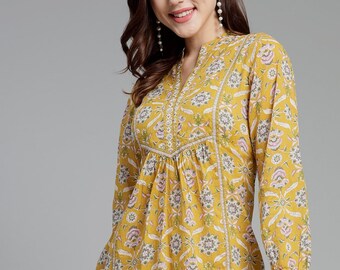 Tunikas für Frauen Top Kleid für Frauen -Gelb bedruckte Tunika aus reiner Baumwolle Kurti - Kurta Frauen Kurtis für Frauen - Tunikas Tops - Sommerkleidung