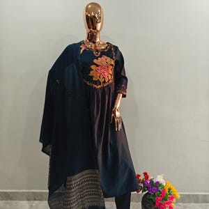 Indian Party Wear Dress For Women - Blue  Embroidered Anarkali Cotton Kurta With Trousers & Dupatta/ Salwar Kameez - Ethnic Set Indian Dress