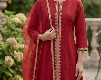 XS upto 8XL Indian Designer Kurta Set - Solid Lace Design Kurta Palazzo & Dupatta  - Indian Party Wear - Dresses For Women - Readymade Kurta
