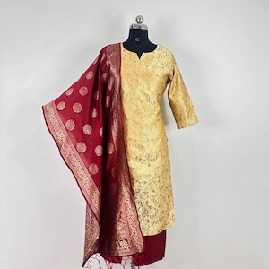 Indian Banarsi Silk Golden Kurta Set Salwar Kameez Set Indian Party Wear Dresses For Women Pakistani Lawn Suit Woven Design Kurta Palazzo
