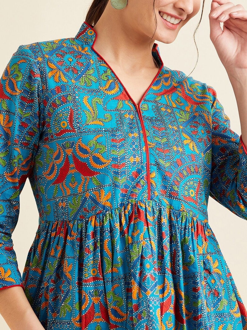 Tuniques pour femme Tunique en coton bleu et rouge Kalamkari Kurti Kurta Women Kurtis pour femme Tuniques Hauts Vêtements d'été image 3