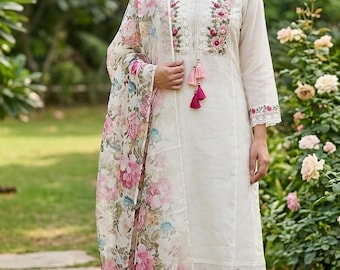 Kurta Set For Women - White Pink Blue Embroidered Kurta Trousers & Dupatta  - Indian Ethnic Wear - Dresses For Women - Party Wear