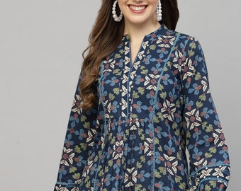 Reine Baumwolle Tunika Tops für Frauen - Floral bedrucktes Empire Top - Kurze Kurta - Kurtis für Frauen - Sommer Tops Tees T-shirt Plus Größe Boho Tops