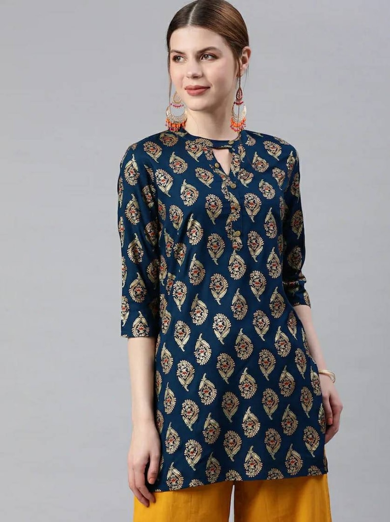 Short Kurti Top Women Teal Blue and Golden Printed Kurti - Etsy