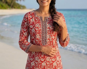 Túnicas para mulheres - Blusa império com estampa floral - Kurta curta - Kurtis para mulheres - Tops de verão, camisetas, camisetas plus size, tops boho