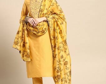 Kurta indienne festive à empiècement floral jaune pour femmes avec palais et dupatta, robe de soirée/mariage ethnique Salwar Kameez