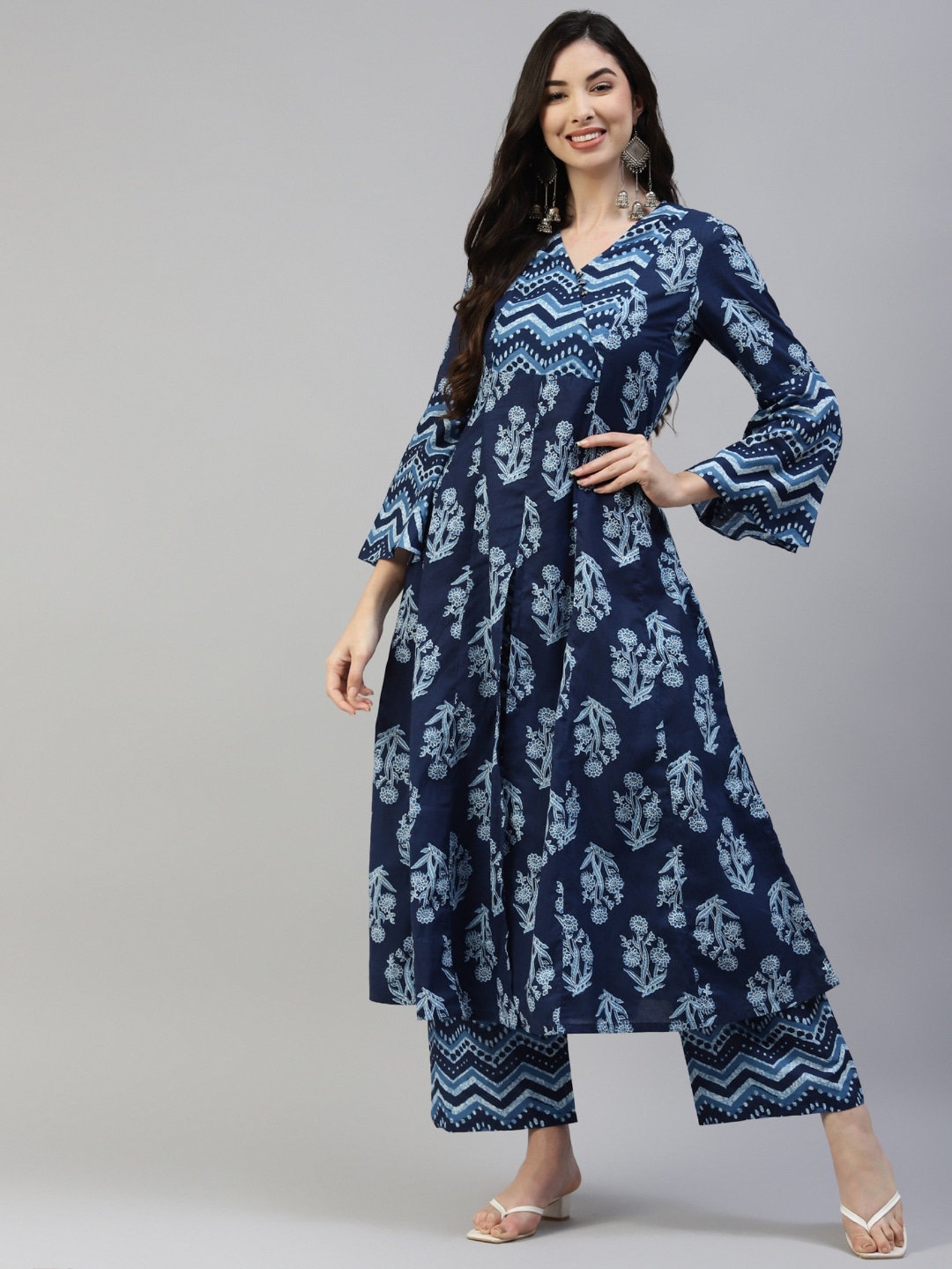 Party Wear Kurta Set Pure Cotton Blue Printed Kurta With Palazzo ...