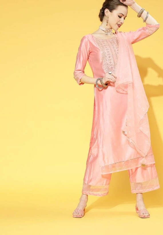 Party Wear Dress Pink Embroidered Chanderi Silk Kurta with Palazzos & Dupatta Clothing Womens Clothing Blazers & Suits Salwar Kameez Kurta Set For Women Indian Dress 