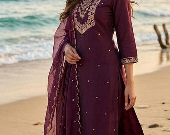 Ensembles kurta en soie pour femme tissés bordeaux pantalons kurta et tenues ethniques indiennes Dupatta robes pour femmes tenues de fête d'invité de mariage kurti