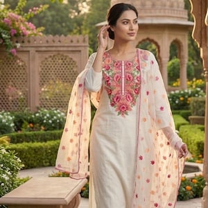 Pure Cotton Kurta Set - Floral Embroidery Design Kurta Palazzo & Dupatta  - Indian Ethnic Wear - Dresses For Women - Plus Size Salwar Kameez