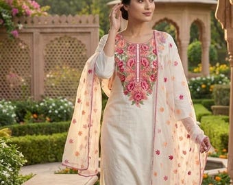 Conjunto de kurta de algodón puro - Diseño de bordado floral - Kurta Palazzo y Dupatta - Ropa étnica india - Vestidos para mujer - Salwar Kameez de talla grande